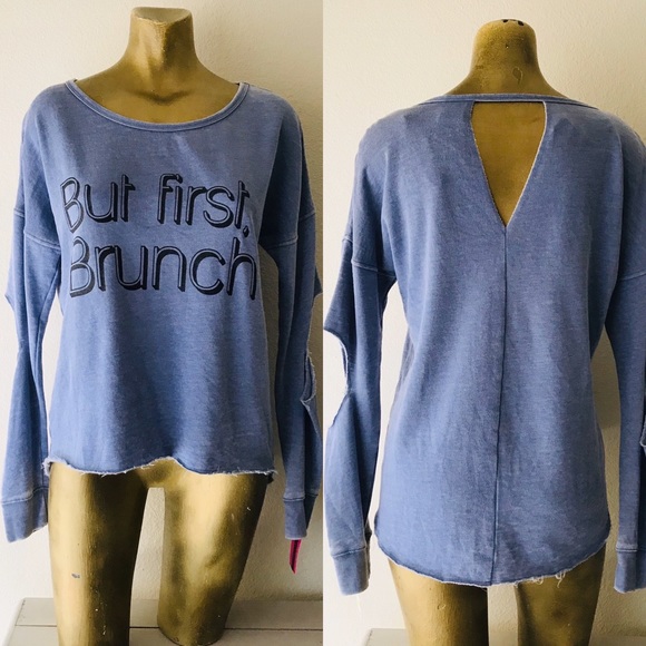 NWT Material Girl BUT FIRST BRUNCH Cut-Out Blue SWEATSHIRT M - Picture 6 of 11
